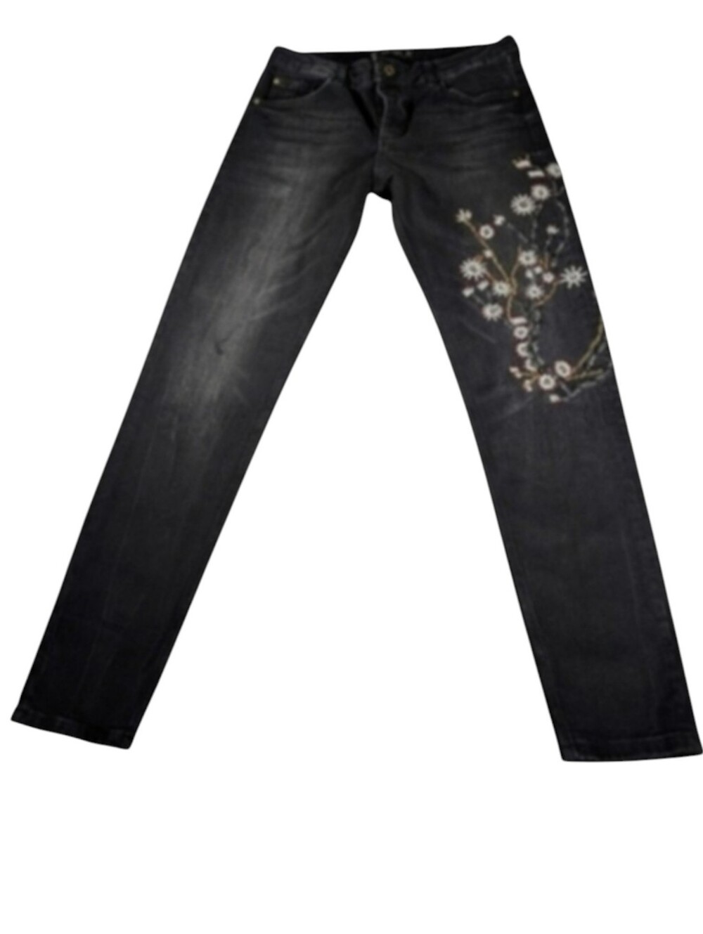 Zara Trafaluc Denimwear Black Beaded Flowers Embellished Jeans Size 6